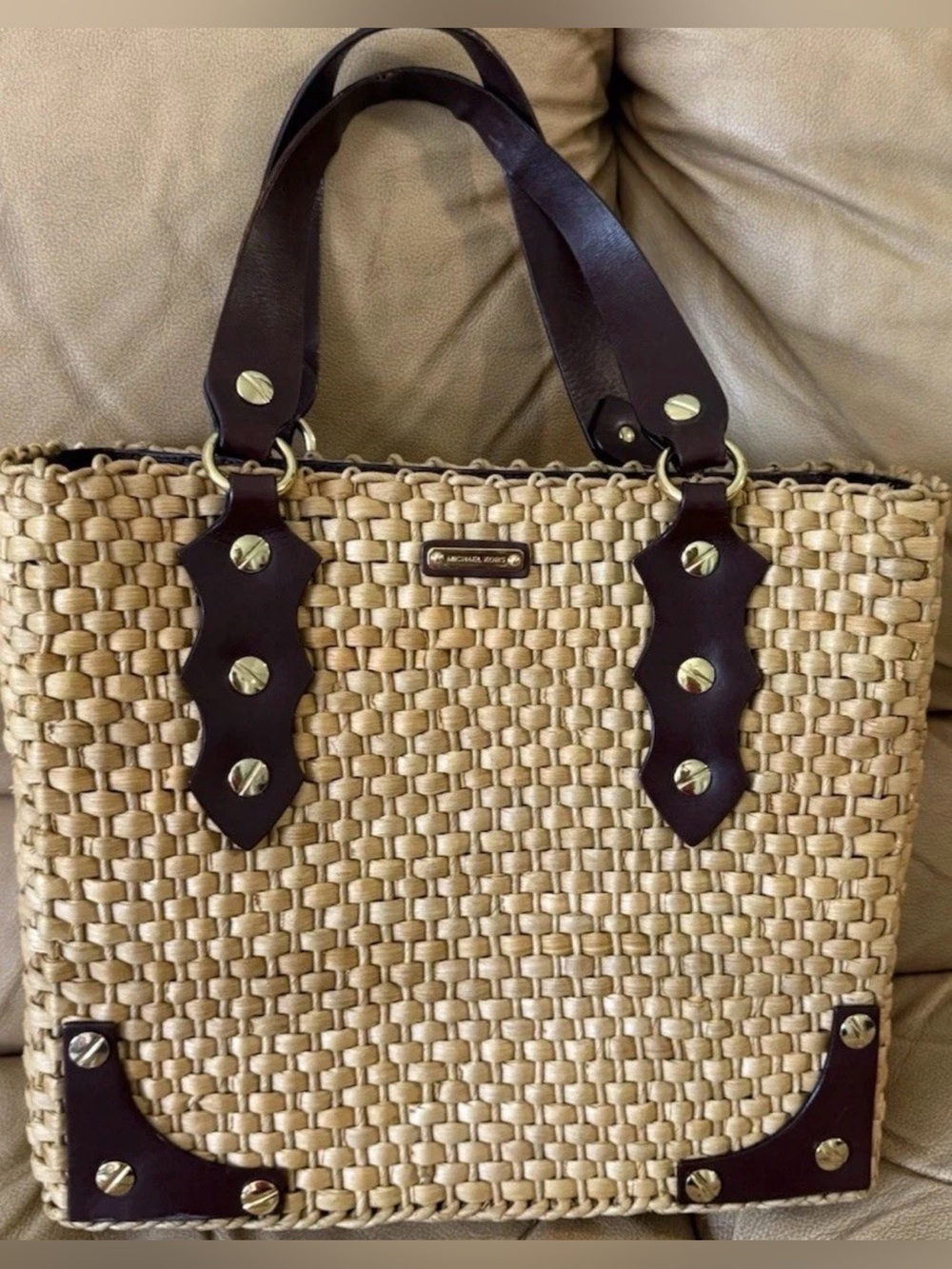 MICHAEL Kors Santorini Raffia Straw Tote Handbag Brown Leather Accents
